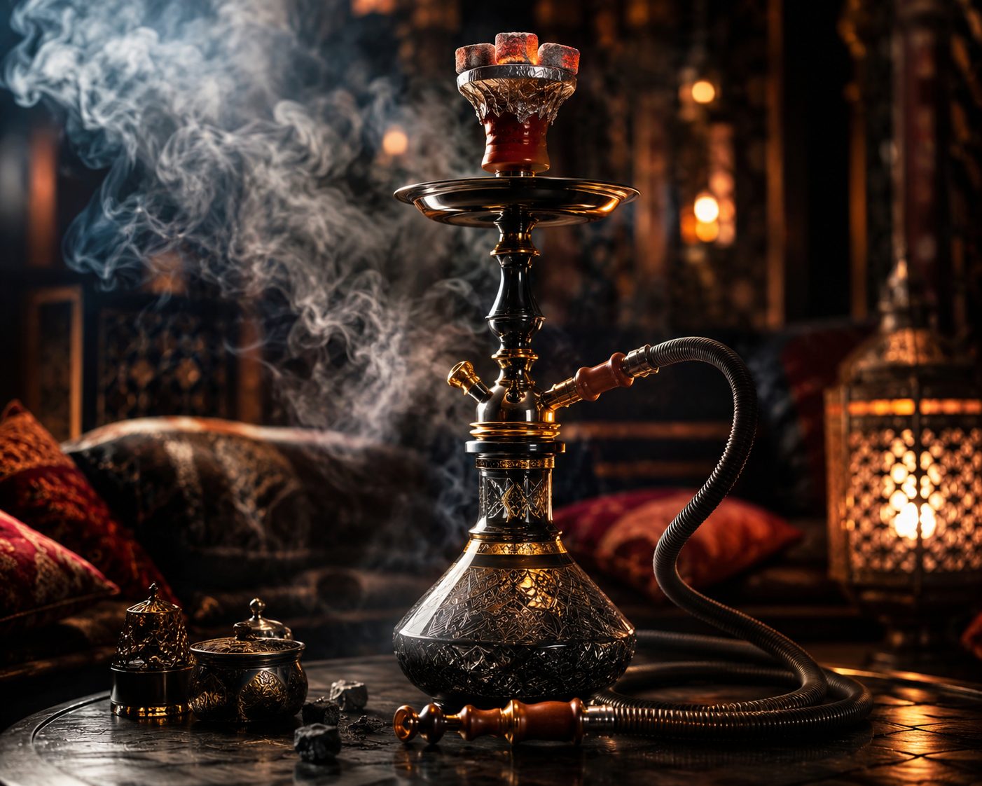 Gun Smoke Hookah — brass hookah pipe wreathed in smoke